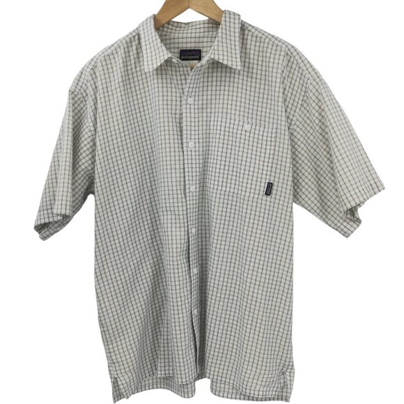 Patagonia Mens Button Front Short Sleeve Plaid Shirt Size L Seersucker White - Picture 1 of 11